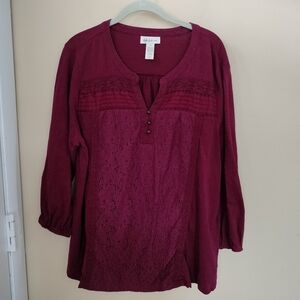 Style & Co. Burgundy Wine Cotton Lace Trimmed Blouse Shirt Top 1X Office Boho